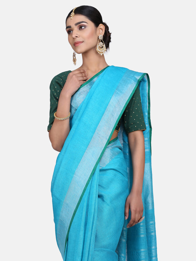 Light Blue with Green Border Pure Linen Saree