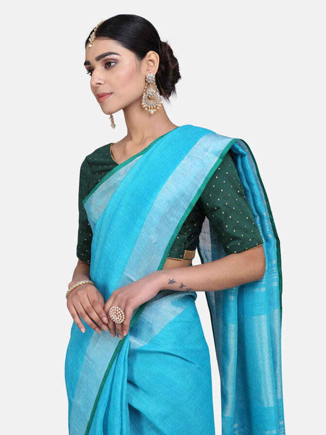 Light Blue with Green Border Pure Linen Saree