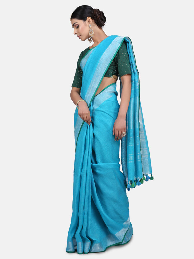 Light Blue with Green Border Pure Linen Saree