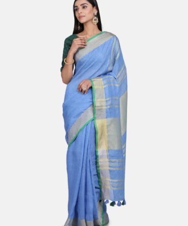 Turkish Blue With Green Border Pure Linen Saree