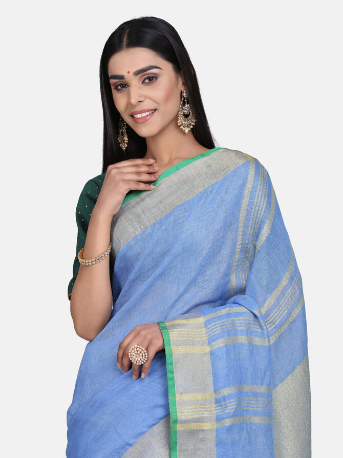 Turkish Blue With Green Border Pure Linen Saree