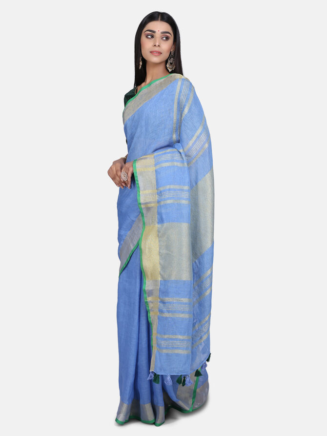 Turkish Blue With Green Border Pure Linen Saree