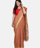 Brown with Golden Border Pure Linen Saree