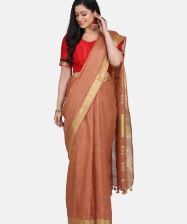 Brown with Golden Border Pure Linen Saree