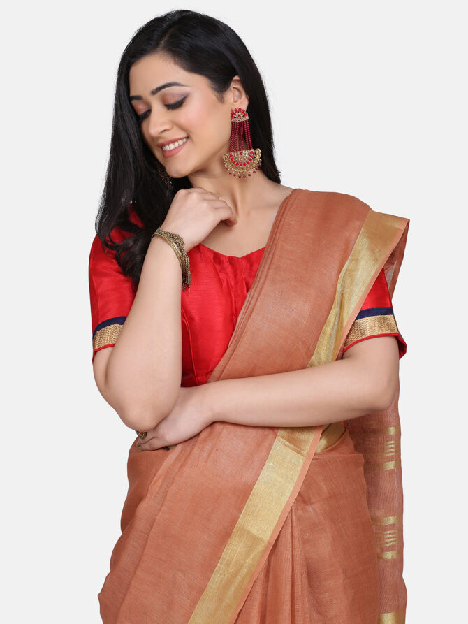 Brown with Golden Border Pure Linen Saree