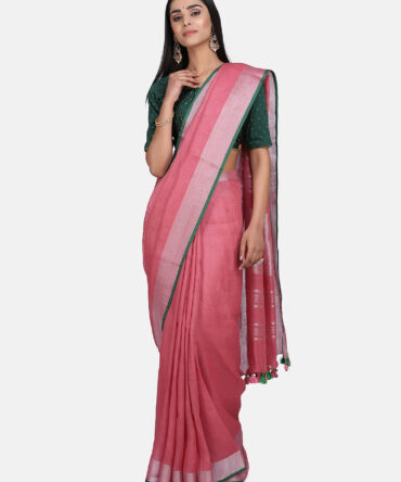 Rouge Pink With Silver Border Pure Linen Saree