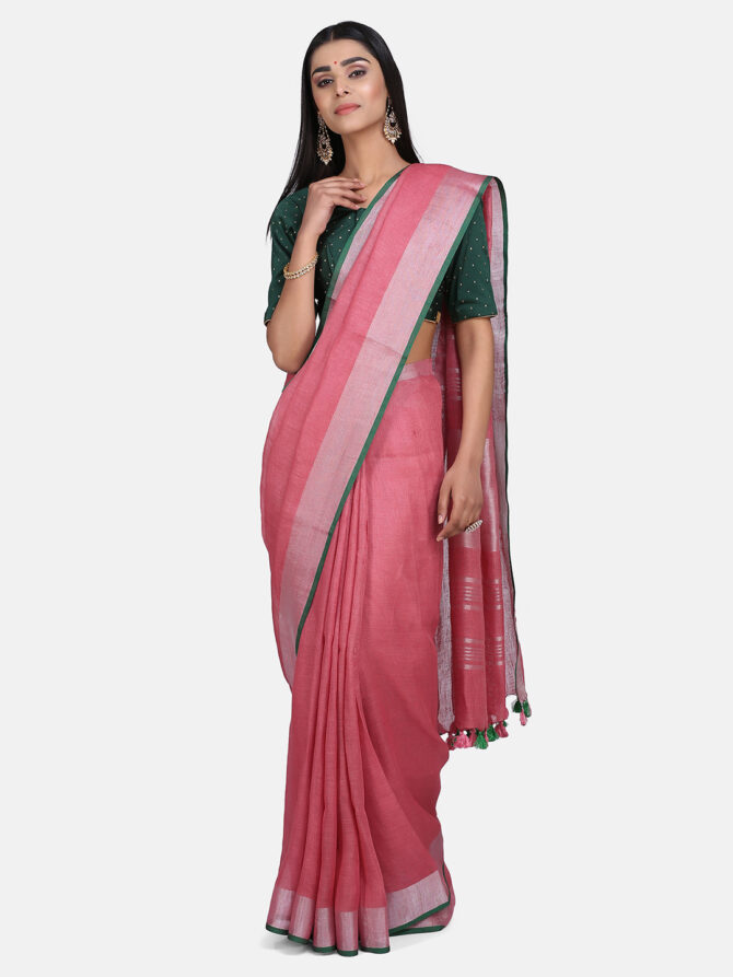 Rouge Pink With Silver Border Pure Linen Saree