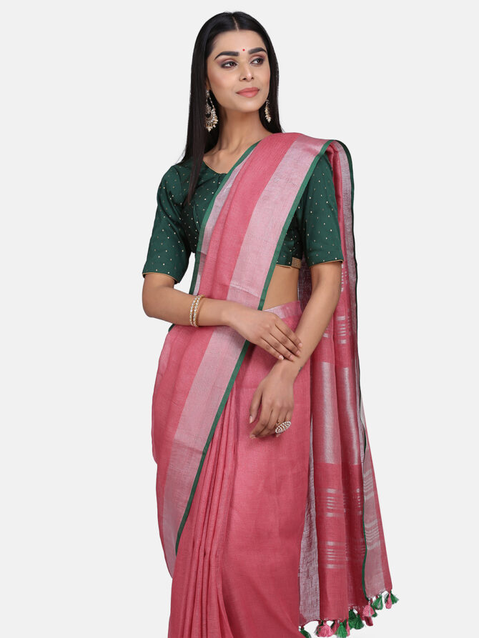 Rouge Pink With Silver Border Pure Linen Saree
