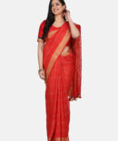 Coral Red With Golden Border Pure Linen Saree