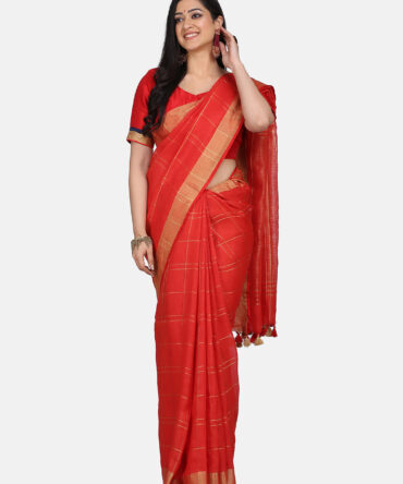 Coral Red With Golden Border Pure Linen Saree