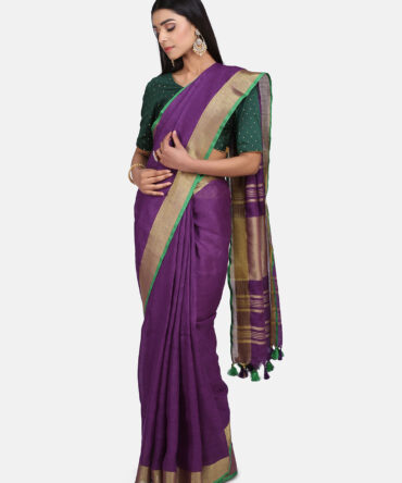 Purple With Green Border Pure Linen Saree
