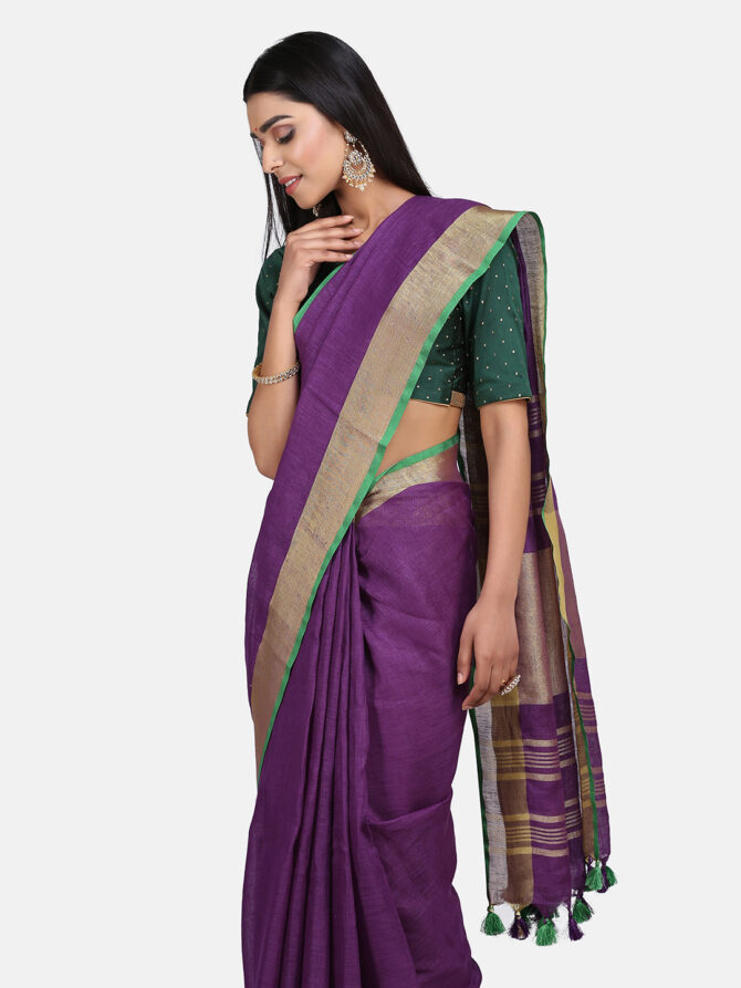 Purple With Green Border Pure Linen Saree