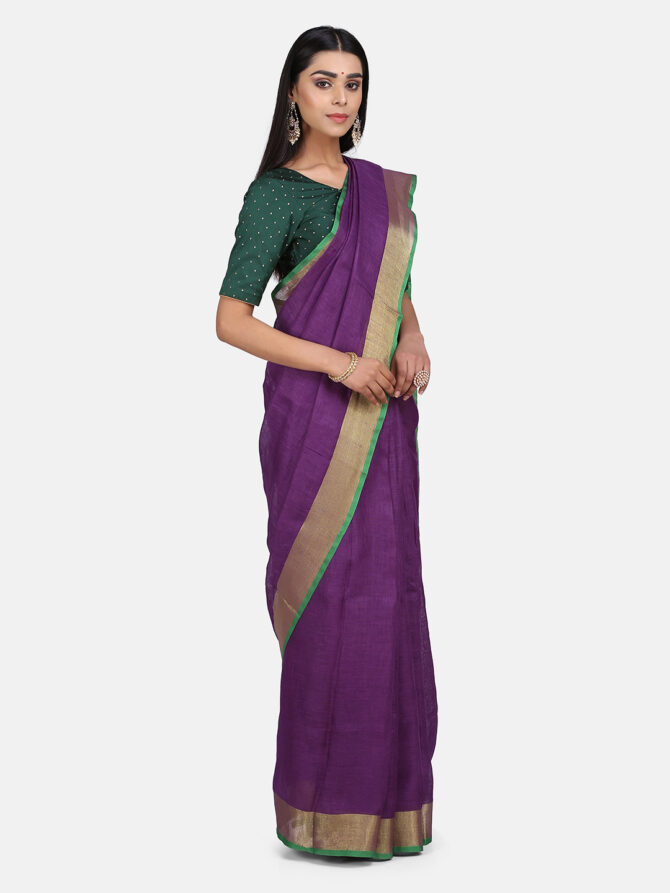 Purple With Green Border Pure Linen Saree
