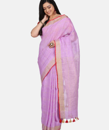 Violet with Red Border Pure Linen Saree