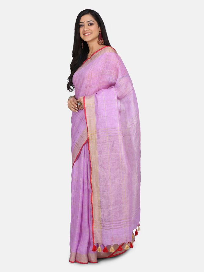 Violet with Red Border Pure Linen Saree