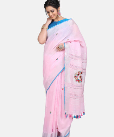 Light Pink Floral Embroidrey Linen Saree