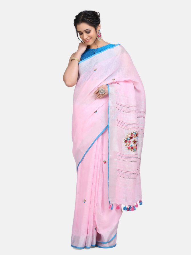 Light Pink Floral Embroidrey Linen Saree