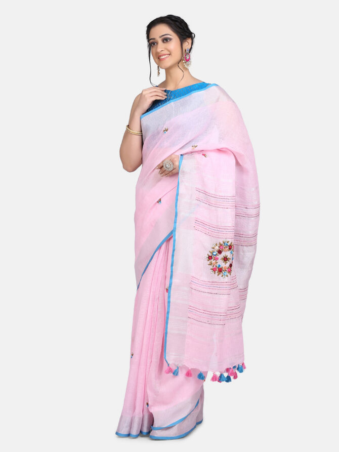 Light Pink Floral Embroidrey Linen Saree