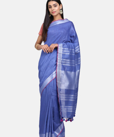 Prussian Blue With Purple Border Pure Linen Saree