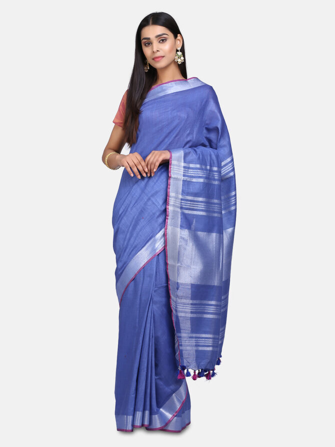 Prussian Blue With Purple Border Pure Linen Saree