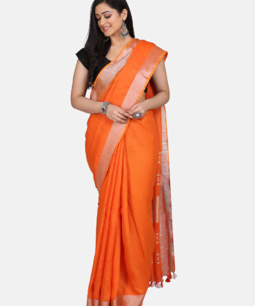 Orange With Silver Border Pure Linen Saree, linen
