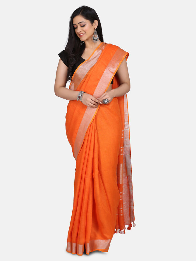 Orange With Silver Border Pure Linen Saree, linen