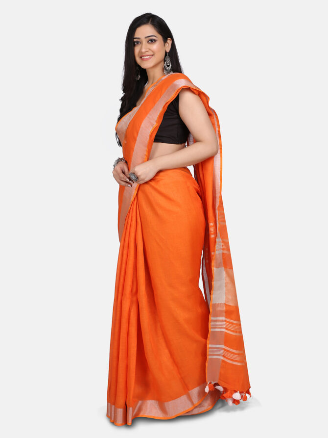 Orange With Silver Border Pure Linen Saree, linen