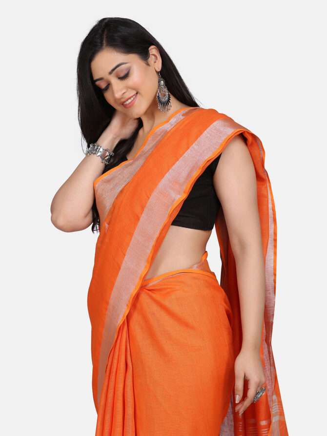 Orange With Silver Border Pure Linen Saree, linen