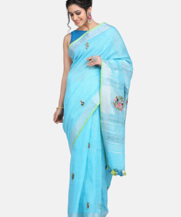 Aqua Blue Hand Embroidered Linen Saree