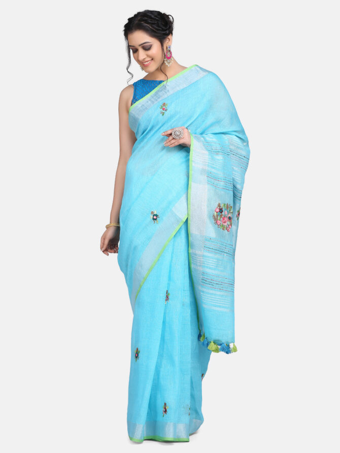 Aqua Blue Hand Embroidered Linen Saree
