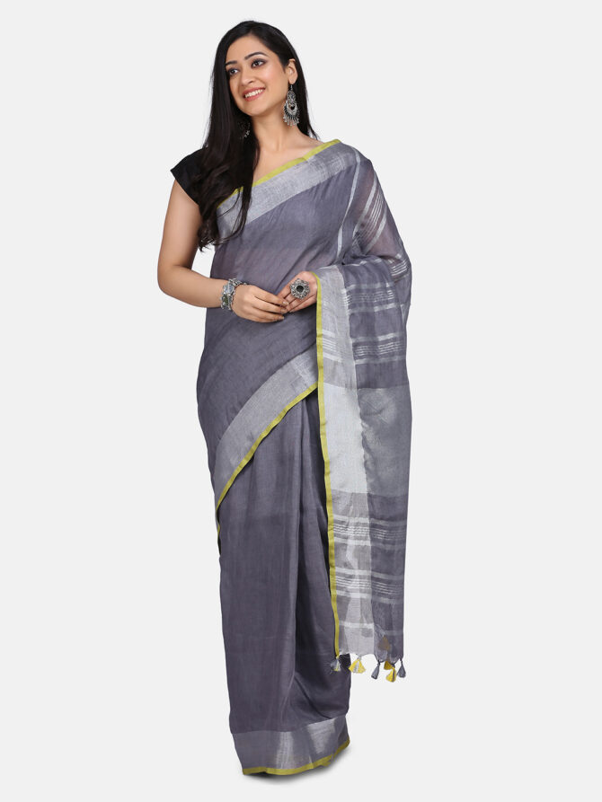 Slate Grey Solid Colour Linen Saree