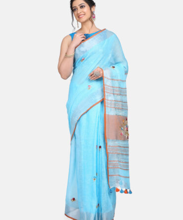 Aqua Blue With Orange Border Embroidered Saree