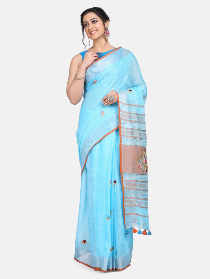 Aqua Blue With Orange Border Embroidered Saree