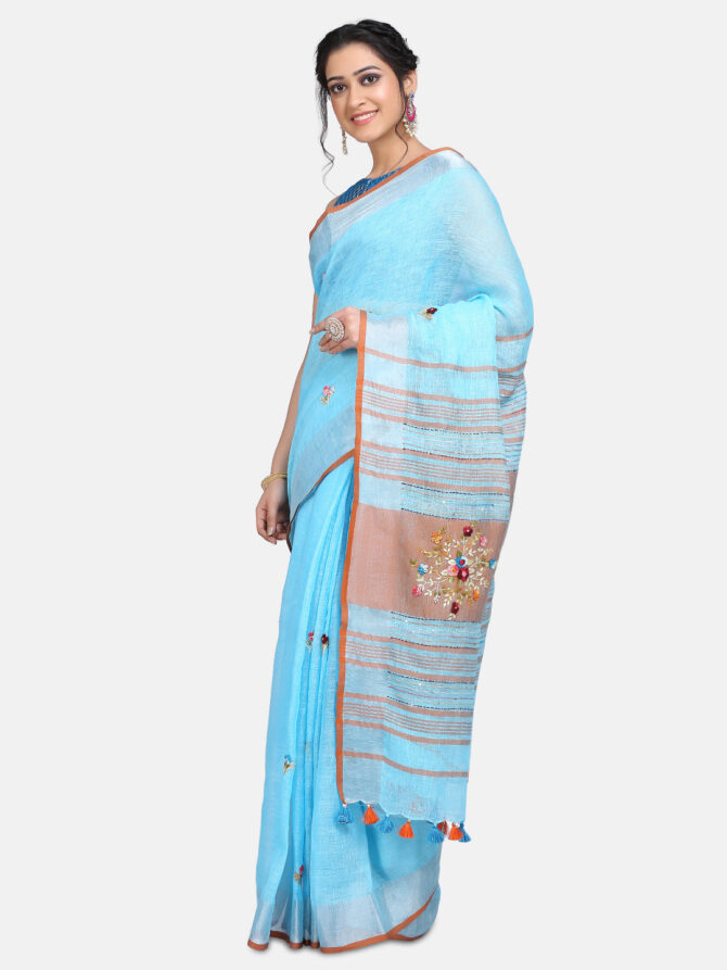Aqua Blue Hand Embroidered Linen Saree