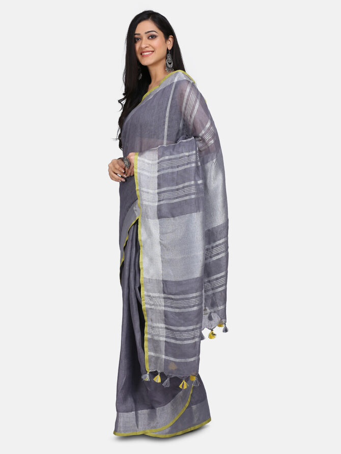 Slate Grey Solid Colour Linen Saree