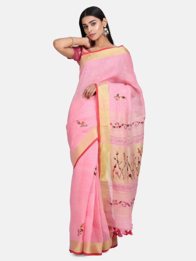 Thristle Pink Floral Embroidrey Linen Saree