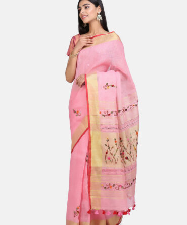 Thristle Pink Floral Embroidrey Linen Saree
