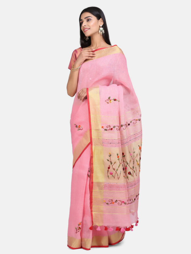 Thristle Pink Floral Embroidrey Linen Saree