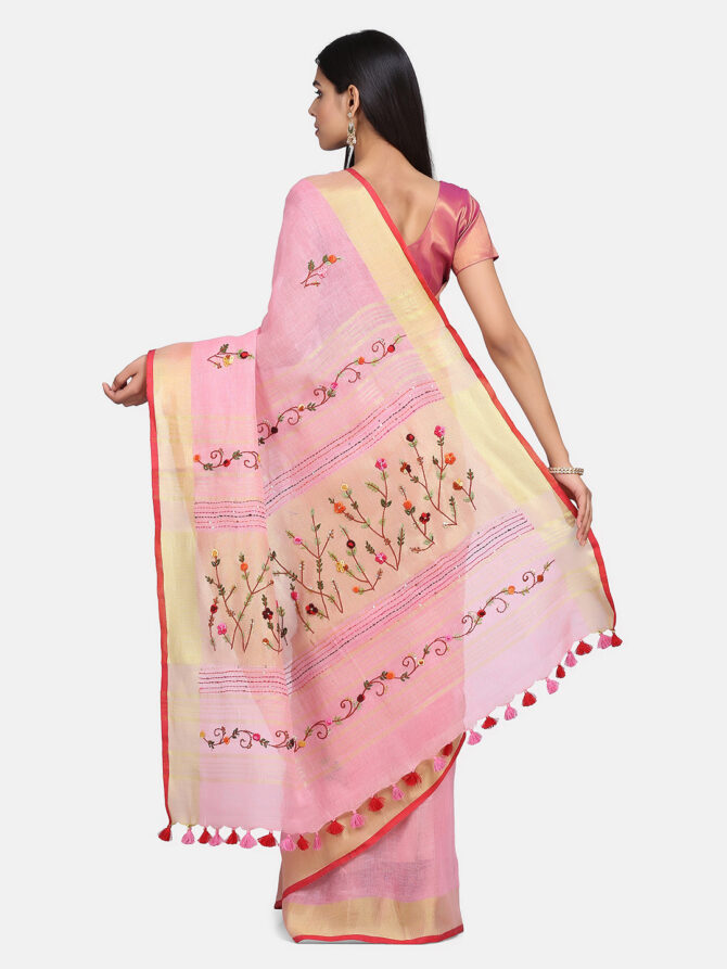 Thristle Pink Floral Embroidrey Linen Saree