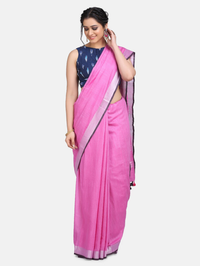 Lilac Pink Solid Colour Linen Saree