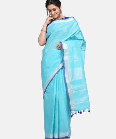 Pale Blue Solid Colour Linen Saree