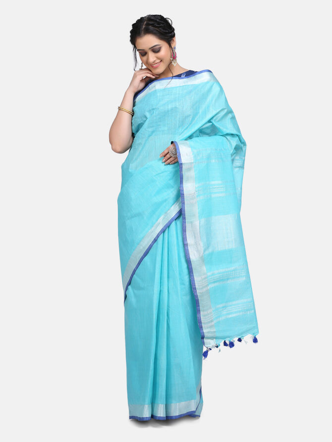 Pale Blue Solid Colour Linen Saree