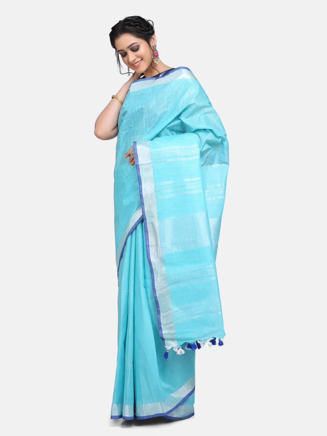 Pale Blue Solid Colour Linen Saree