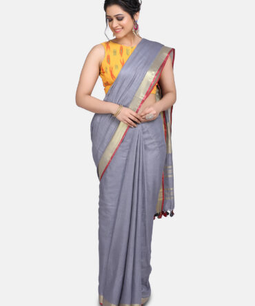 Ash Grey With Golden Border Pure Linen Saree