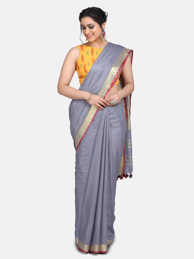 Ash Grey With Golden Border Pure Linen Saree