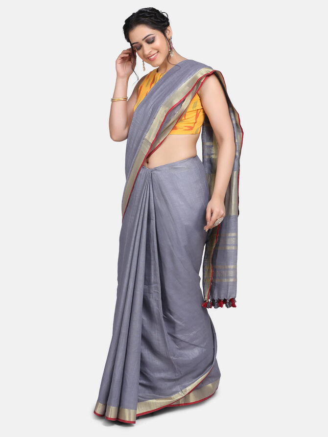 Ash Grey With Golden Border Pure Linen Saree