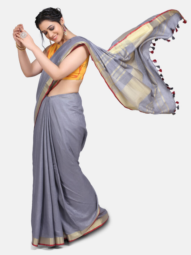Ash Grey With Golden Border Pure Linen Saree