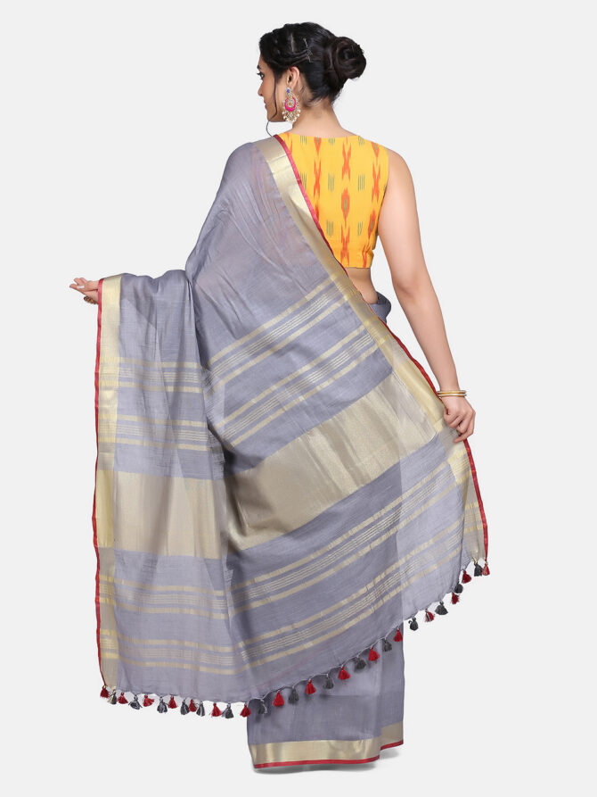 Ash Grey With Golden Border Pure Linen Saree