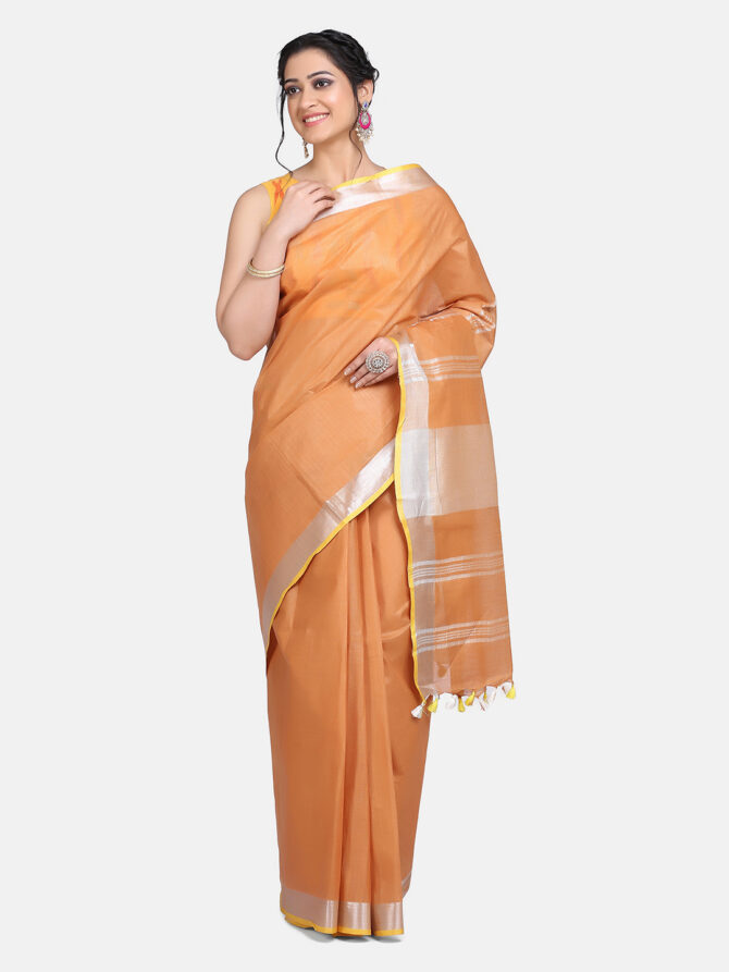 Faded Orange With Silver Border Pure Linen Saree