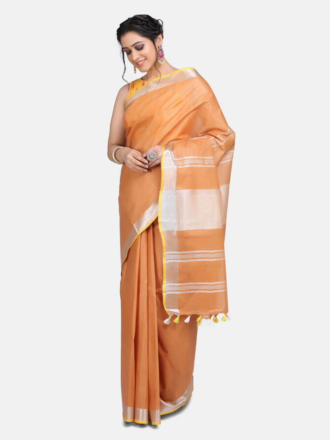 Faded Orange With Silver Border Pure Linen Saree